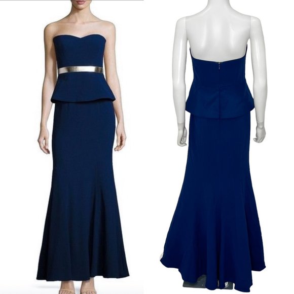 Aidan by Aidan Mattox Strapless Sweetheart Neckline Crepe Peplum Maxi Gown Navy - Picture 1 of 16